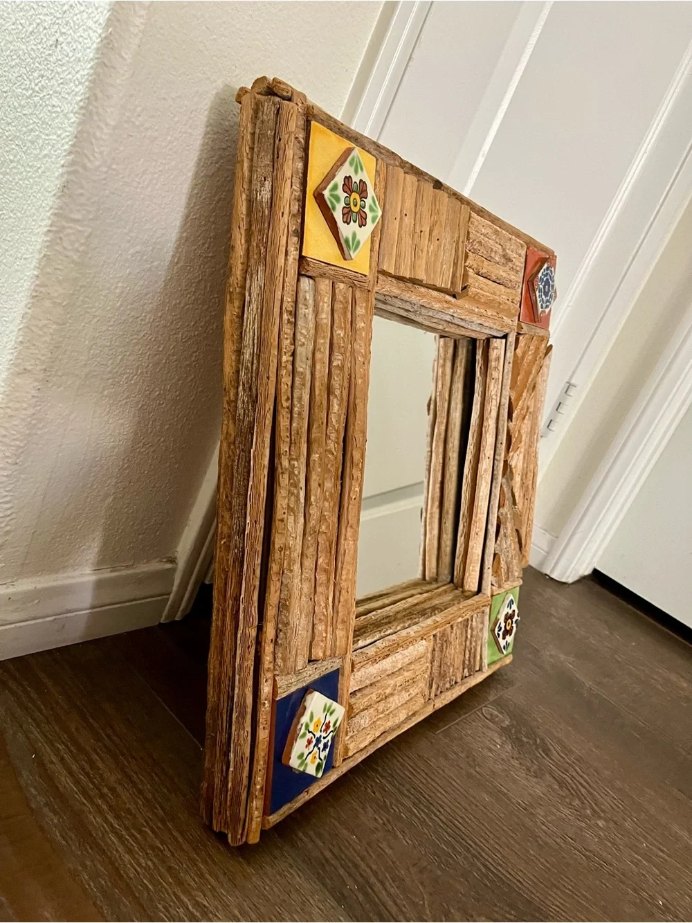 Rustic Wood Frame Wall Mirror with Colorful Tile Accents - Brown